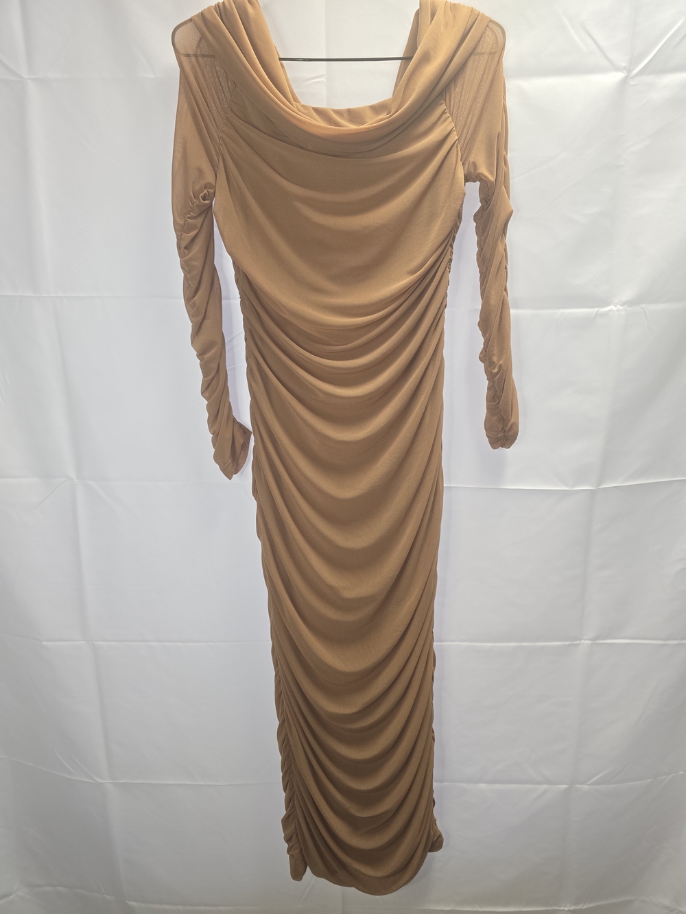 Pretty Garden Ruched Cowl Neck Long Sleeve Maxi Dress - Camel Sz M